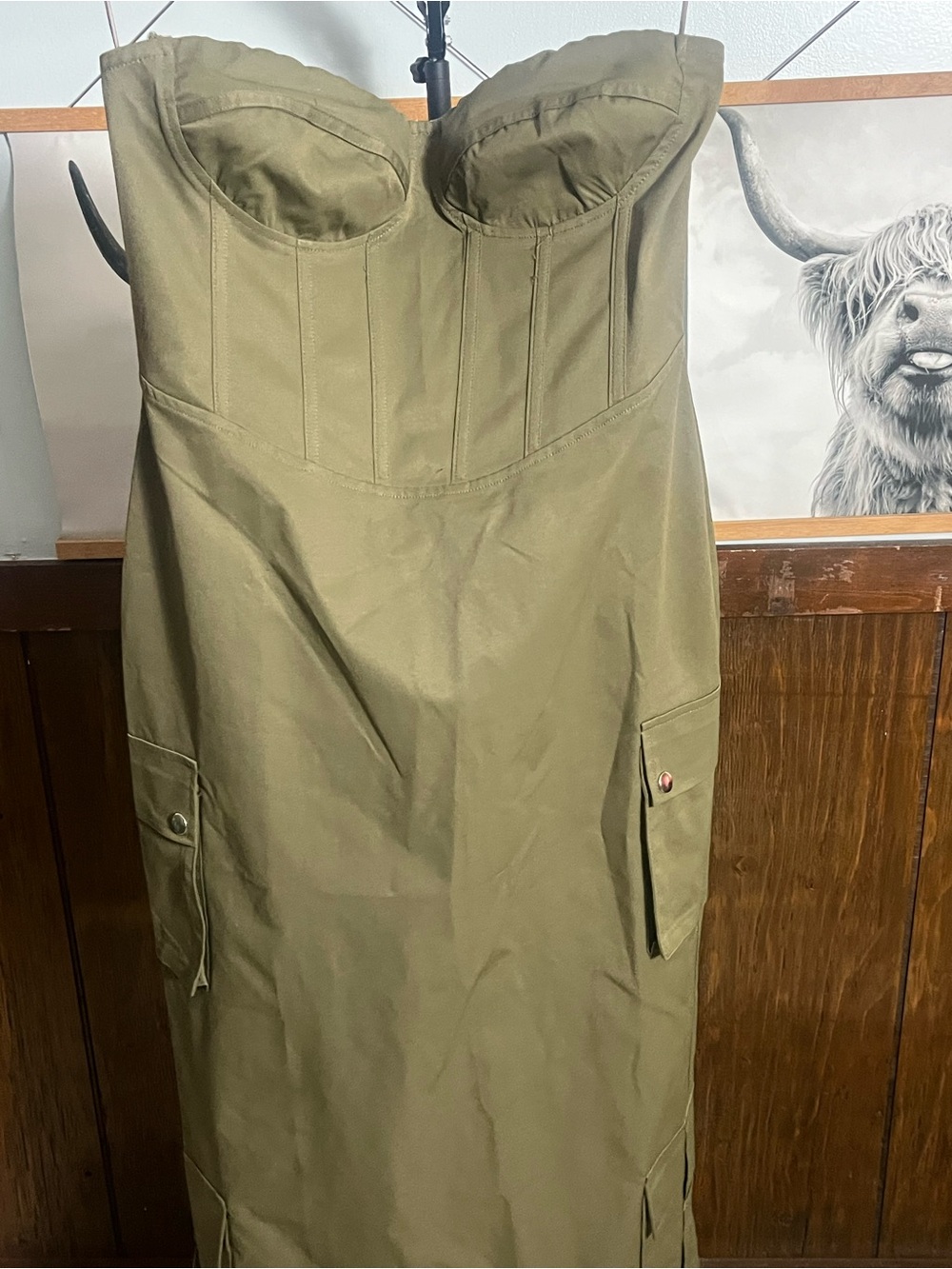 Strapless Olive Midi Dress with Bustier Detailing